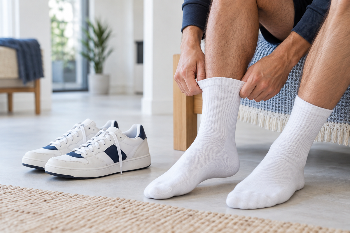 Someone putting on socks beside trainers